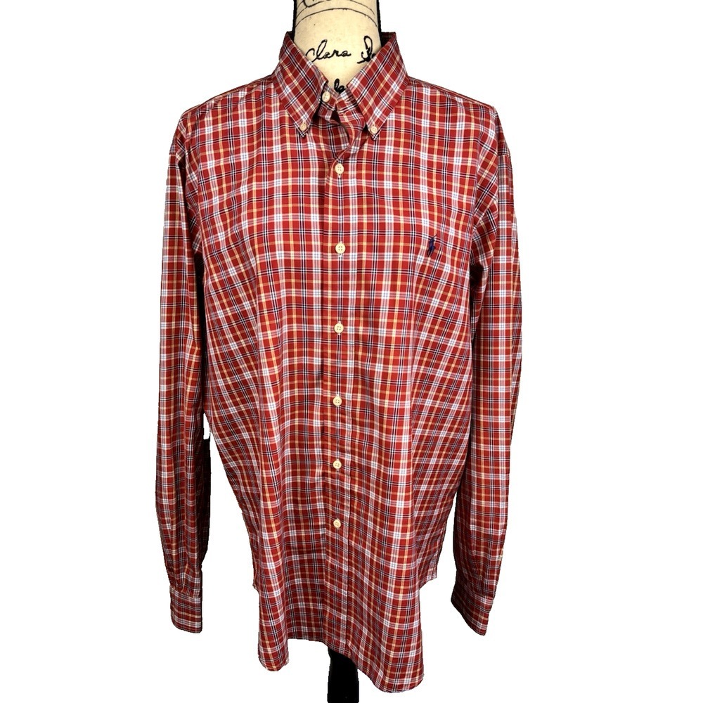 Ralph Lauren Shirt Red Button Down Plaid Men L Classic Fit Vtg 90s Officewear